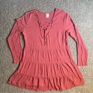 No Boundries women XL long sleeve mini dress lightweight tiered rust fall‎ flowy